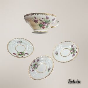 Kelvin Fine China Violet Teacup with 3 Gold Trim Saucers – 6”
